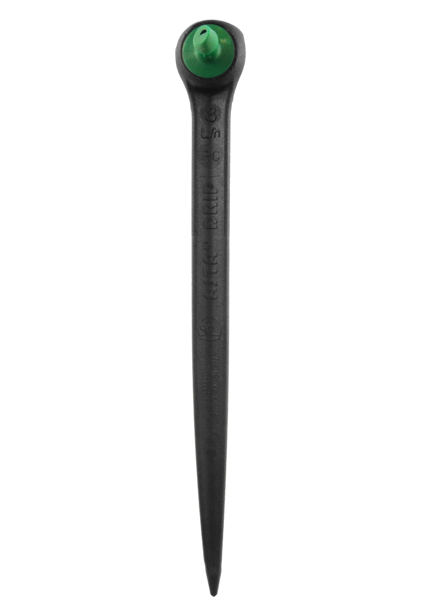 Black drip spike dripper with green top insert, pointed stake tip