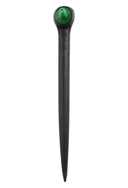Black drip spike dripper with green top insert, pointed stake tip