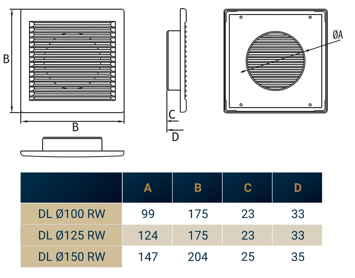 White Louvre vent DL/100 RW with round louver mesh, front and side dimensions