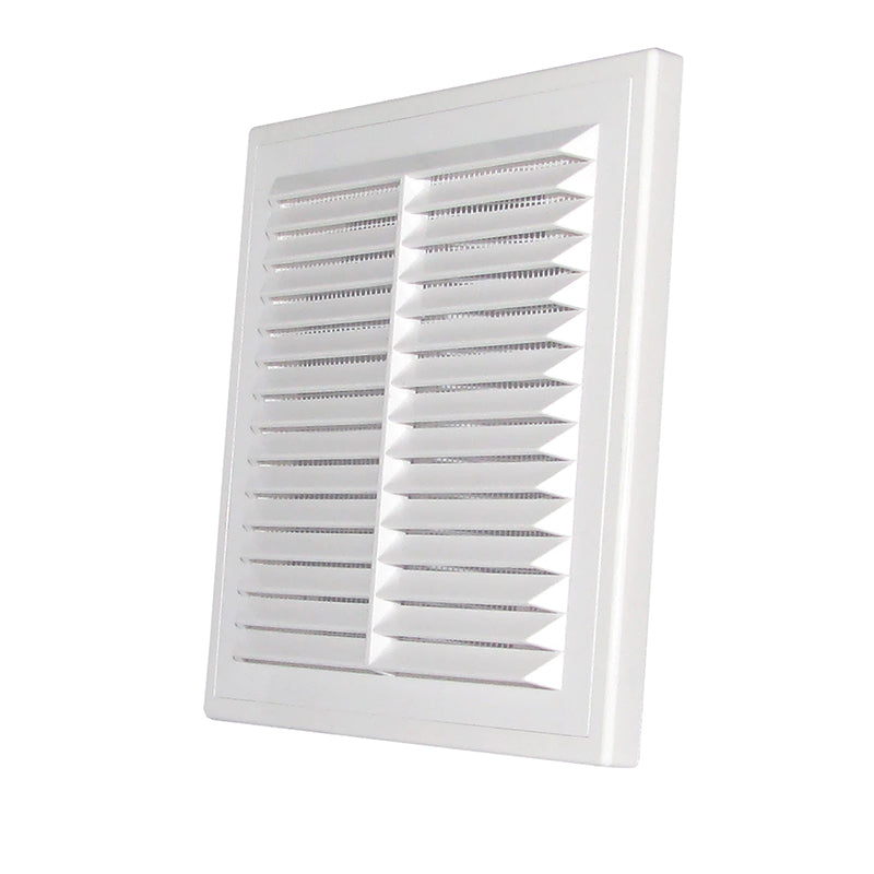 White Louvre vent with fly screen, angled view of front louvers and frame