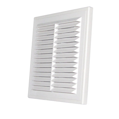 White Louvre vent with fly screen, angled view of front louvers and frame