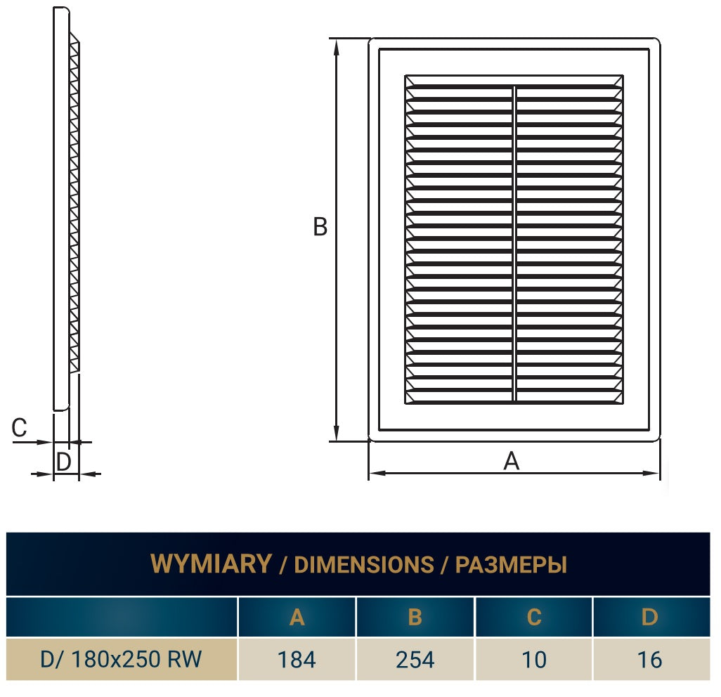Louvre wentylacyjny 180x250 mm z siatką przeciw owadom – widok czołowy