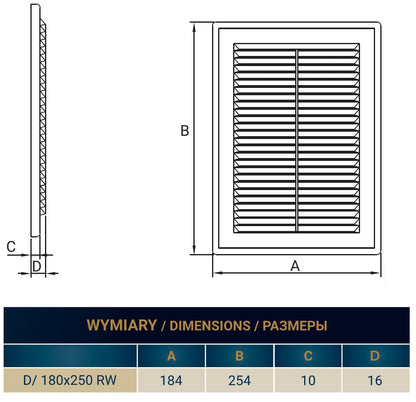 Louvre wentylacyjny 180x250 mm z siatką przeciw owadom – widok czołowy
