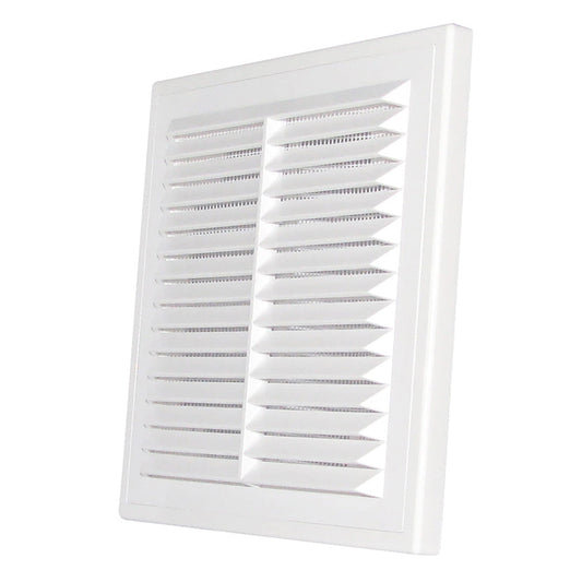 Louvre vent grille 210mm, white square frame with horizontal slats
