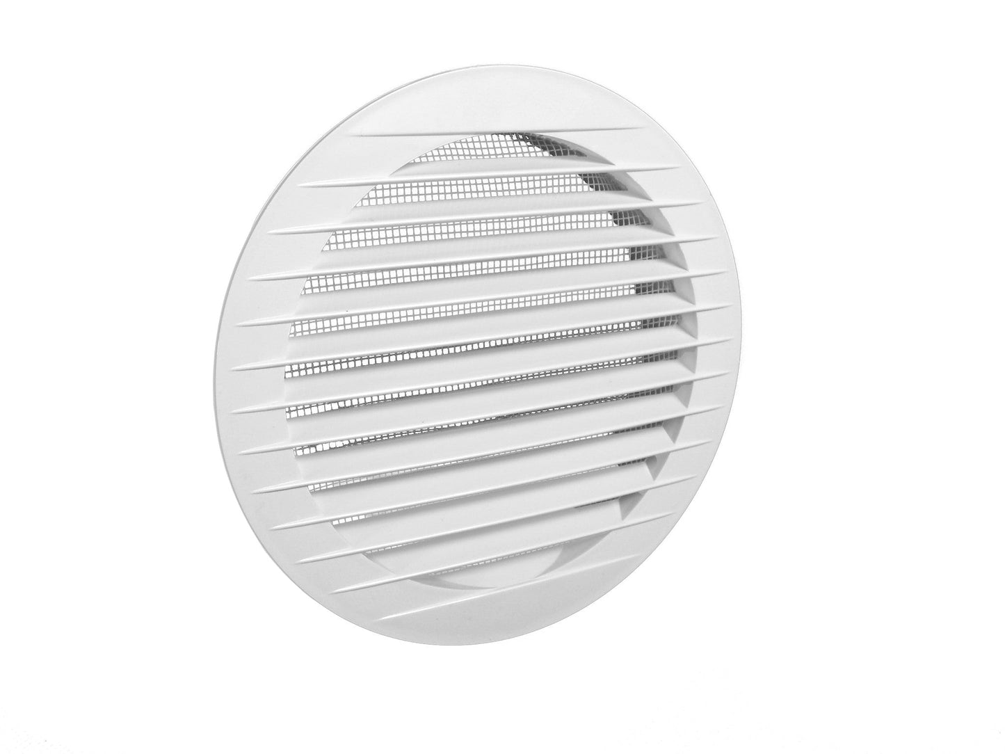 Louvre Vent KRO 125 with fly mesh, round white vent face with angled louvre grille and visible mesh
