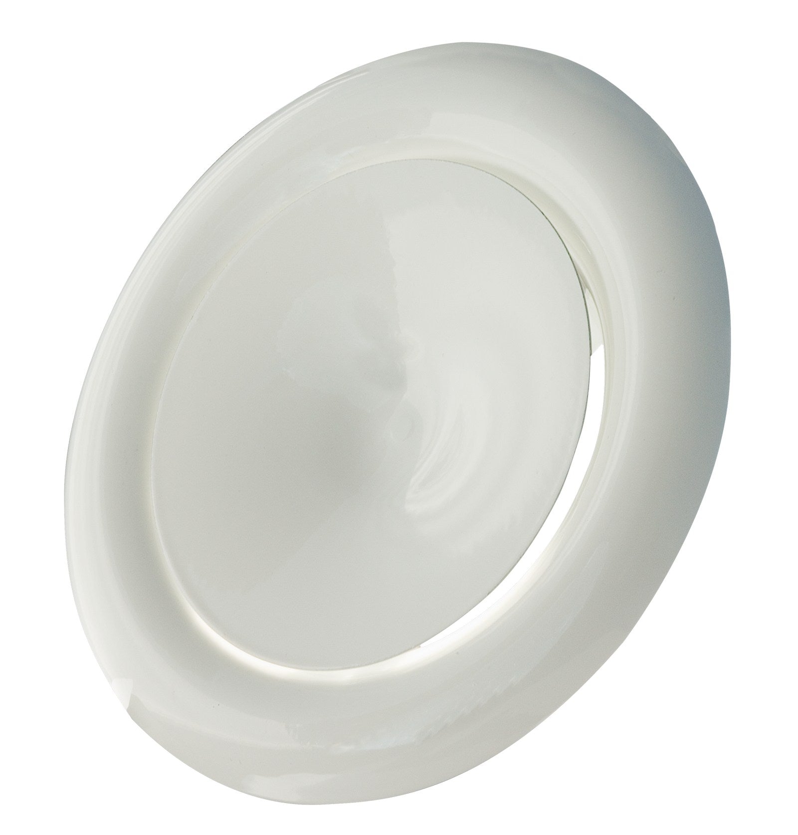 White ABS ceiling extract valve, smooth circular cover viewed from the side