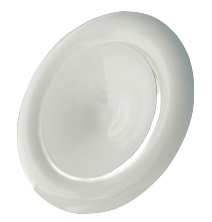 White ABS ceiling extract valve, smooth circular cover viewed from the side