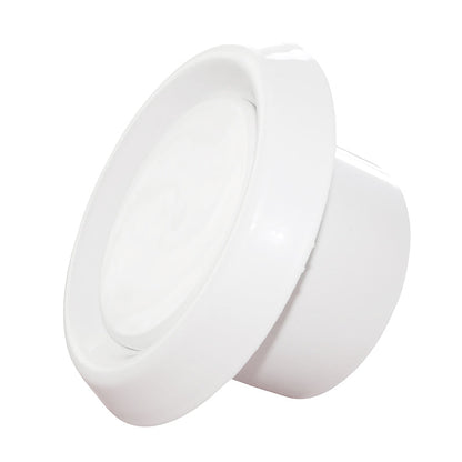 White ABS extract ceiling valve, angled close-up of round cover and rim