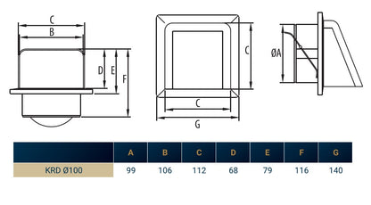 Dimension diagram for KRD Ø100 external louvre vent, side and front views