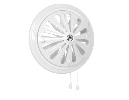 White round louvre vent, front view with slatted blades and central logo.
