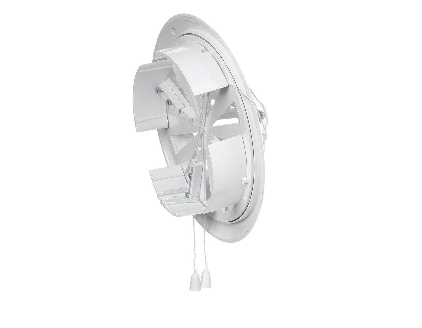 White round louvre vent, side view with mounting bracket and louvre slats.