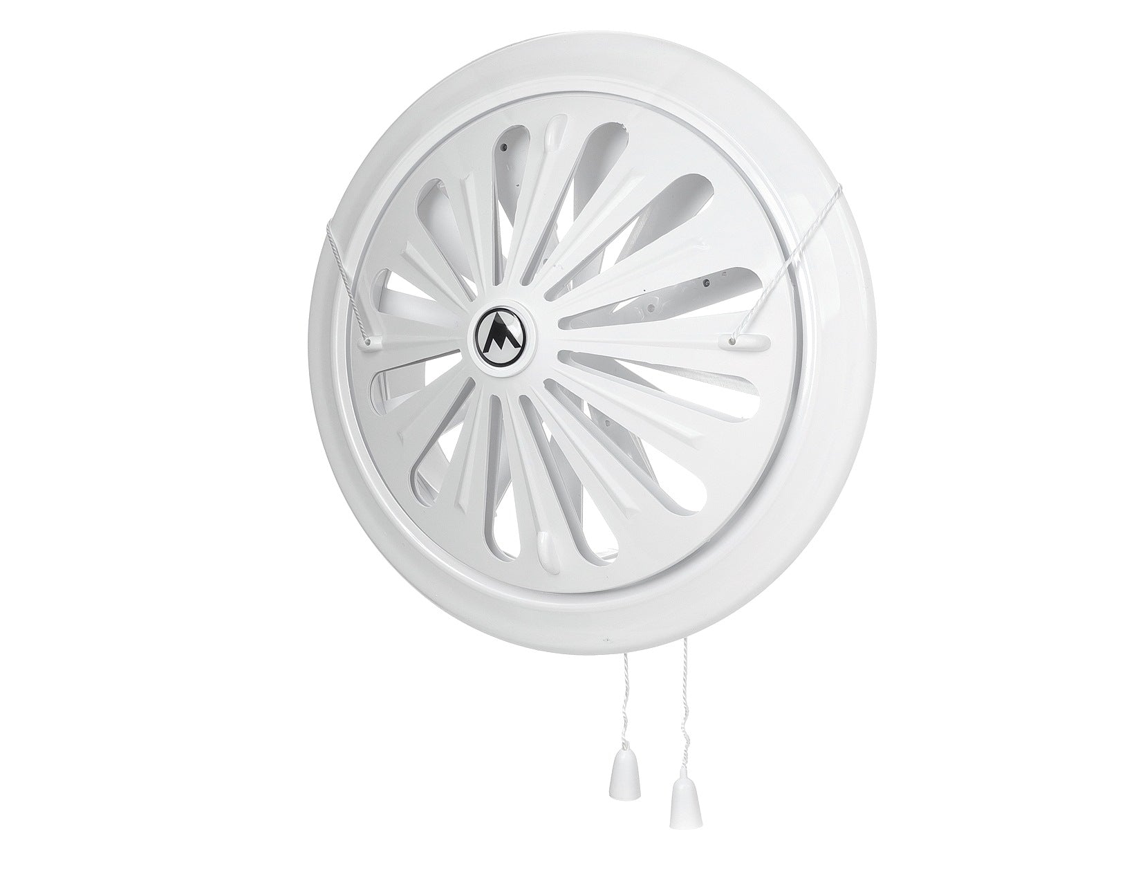 White round louvre vent with radial louvre blades and two pull cords.