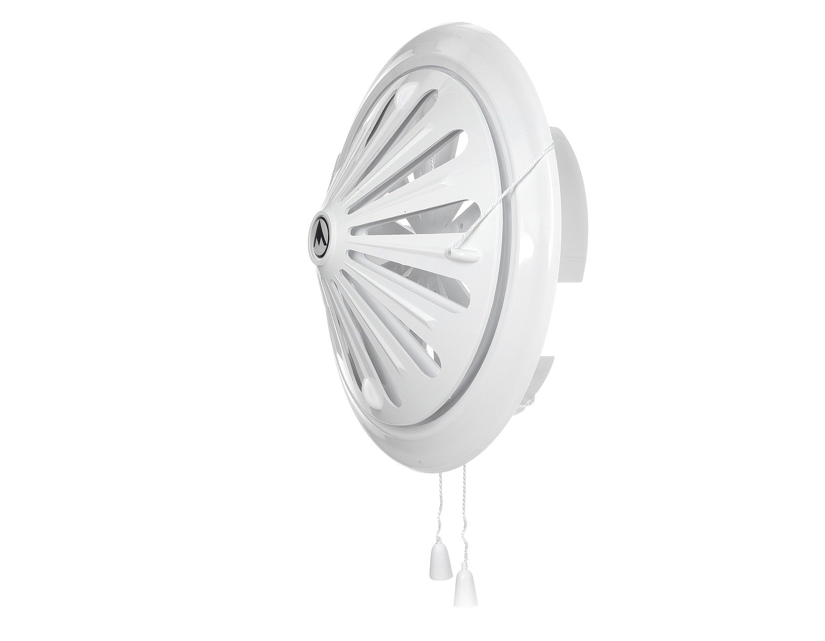 White round louvre vent, 3/4 view with louvre blades and hanging pull cords.
