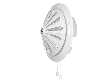 White round louvre vent, 3/4 view with louvre blades and hanging pull cords.