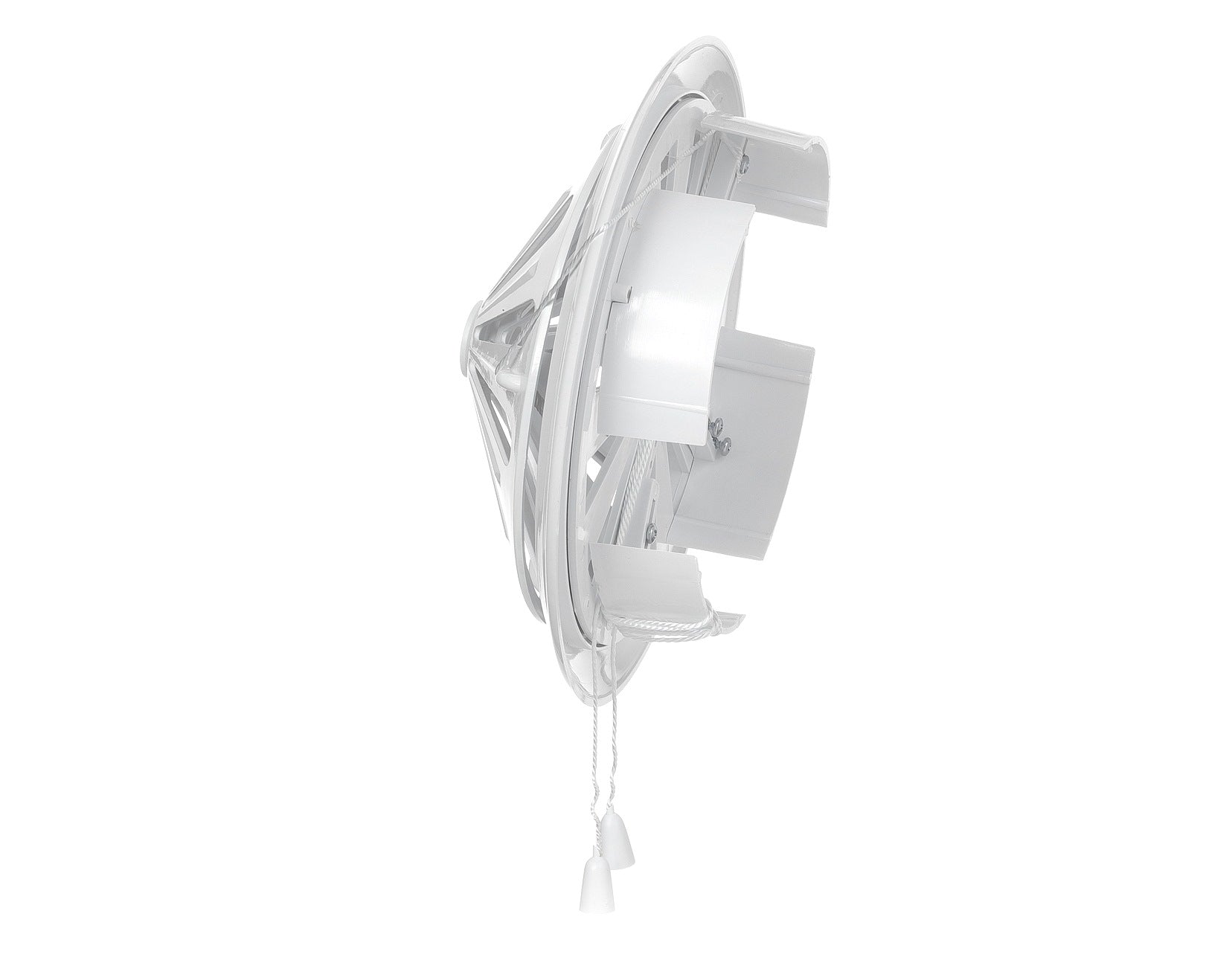 White round louvre vent, angled side view showing internal shutter frame.