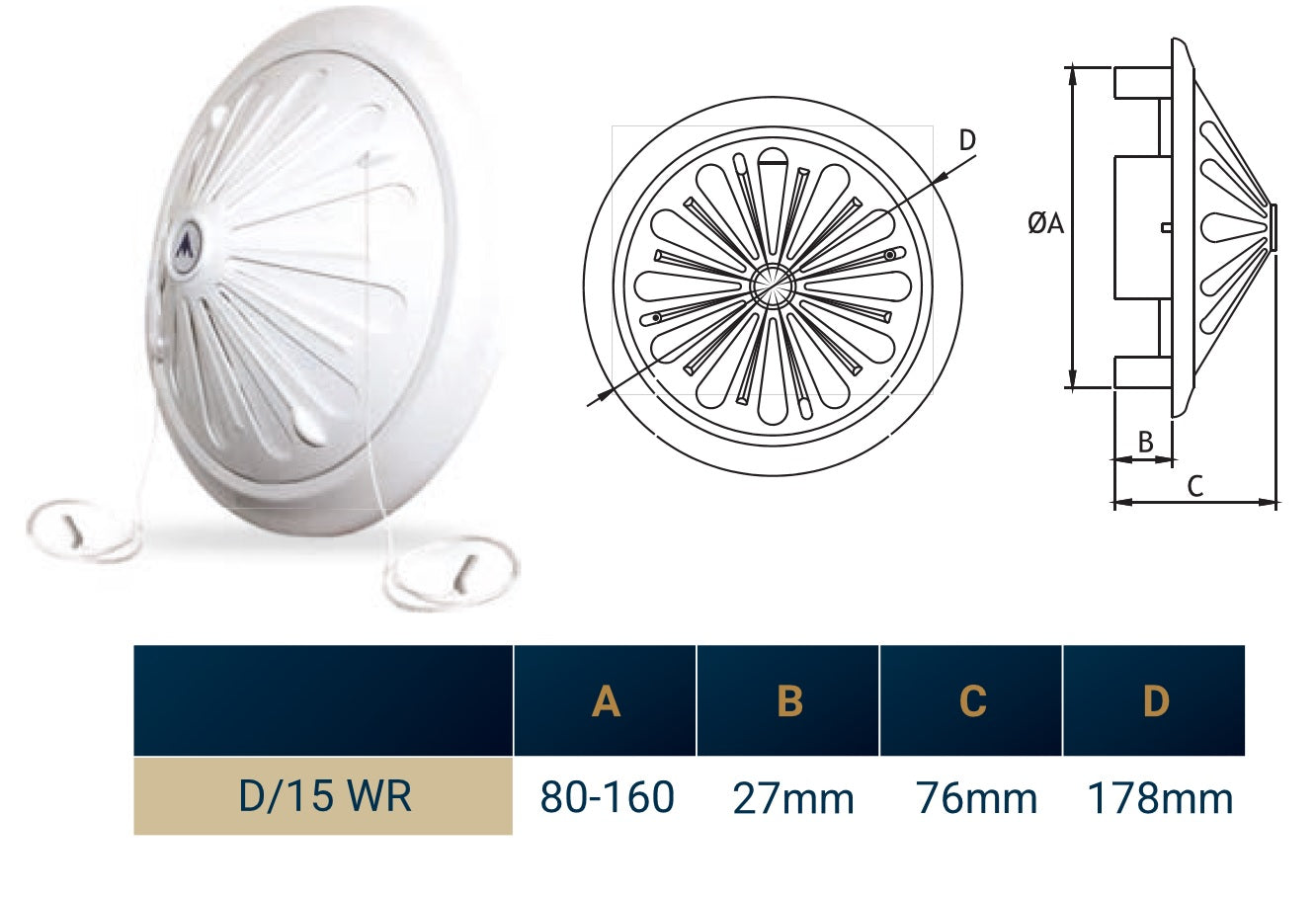 White adjustable round louvre vent technical view—side and front with key measurements
