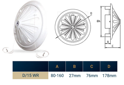 White adjustable round louvre vent technical view—side and front with key measurements