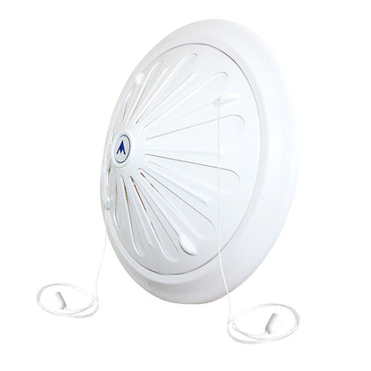 Adjustable white round louvre vent; angled view with louver slats and pull cords.