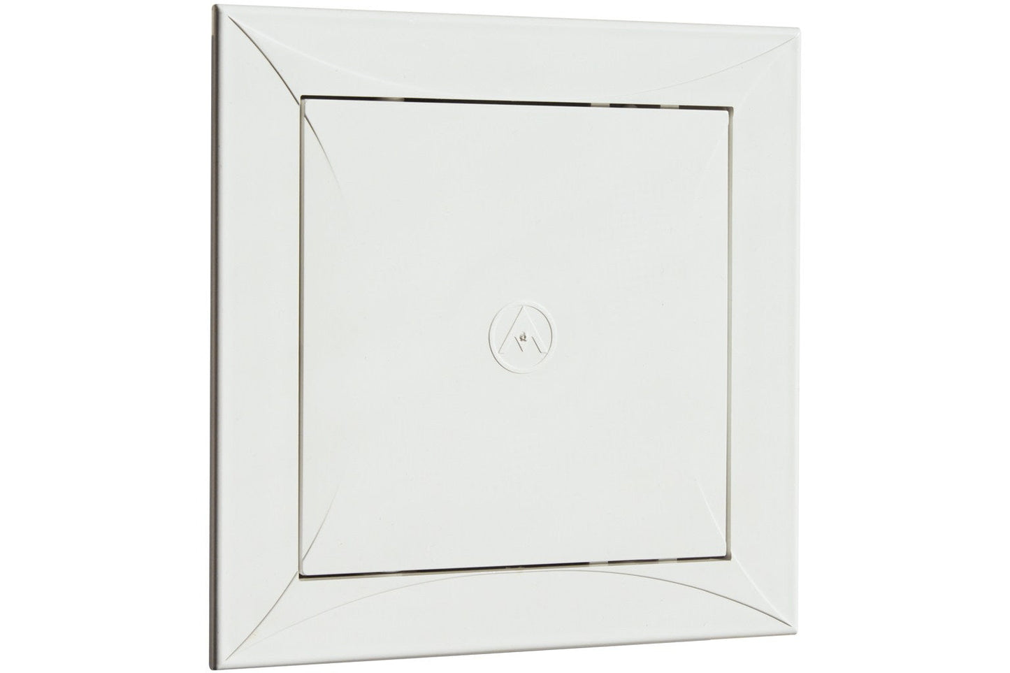 White PP access panel door, 150 x 150 mm, square front with circular pull detail