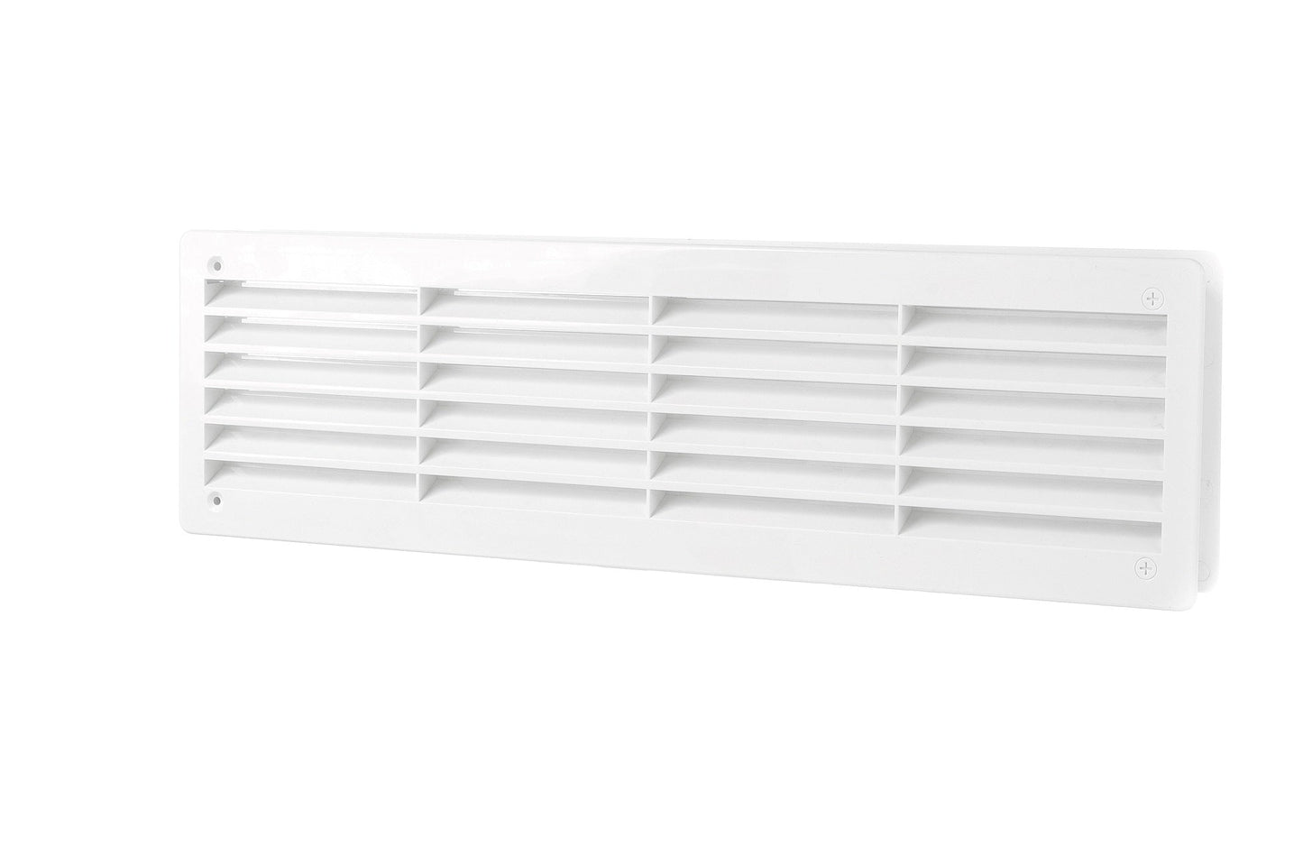 White door louvre vent grille with horizontal slats and center divider