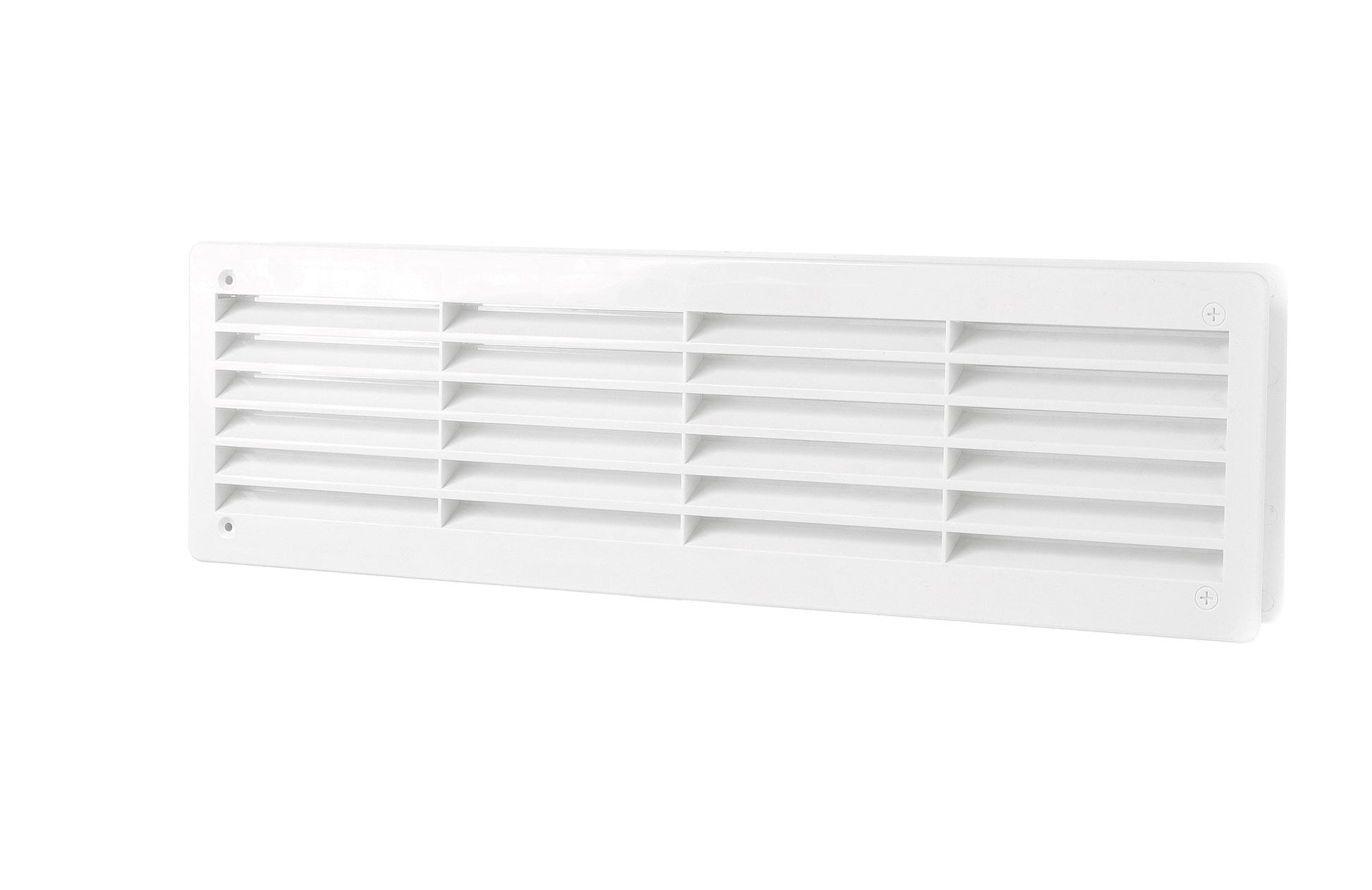 White door louvre vent grille with horizontal slats and center divider