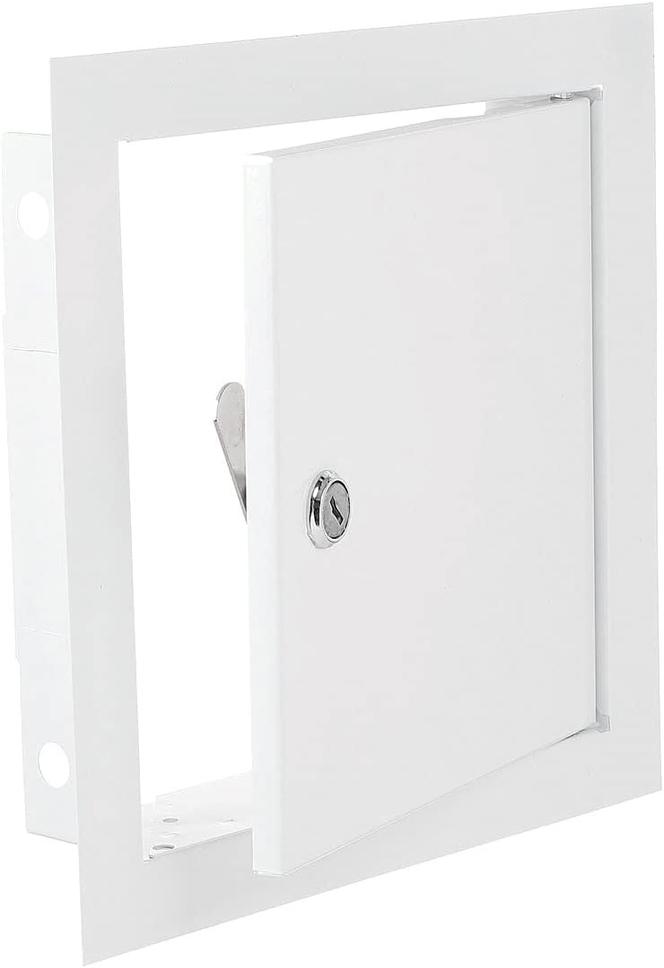 White metal access panel door with key lock, latch lever, and corner mounting flanges