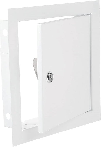 White metal access panel door with key lock, latch lever, and corner mounting flanges
