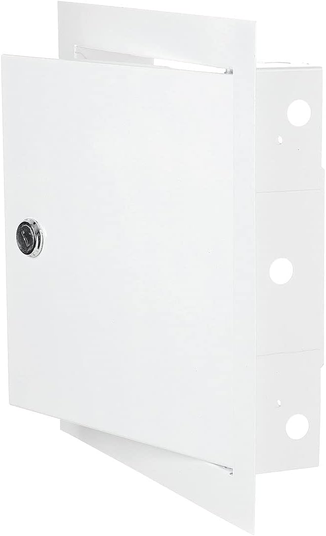 White access panel door with lock, back view with round lock cylinder