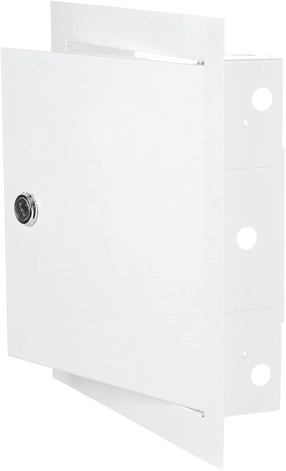 White access panel door with lock, back view with round lock cylinder