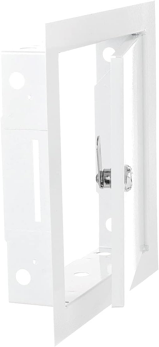 White access panel door frame with lock hardware, door shown open