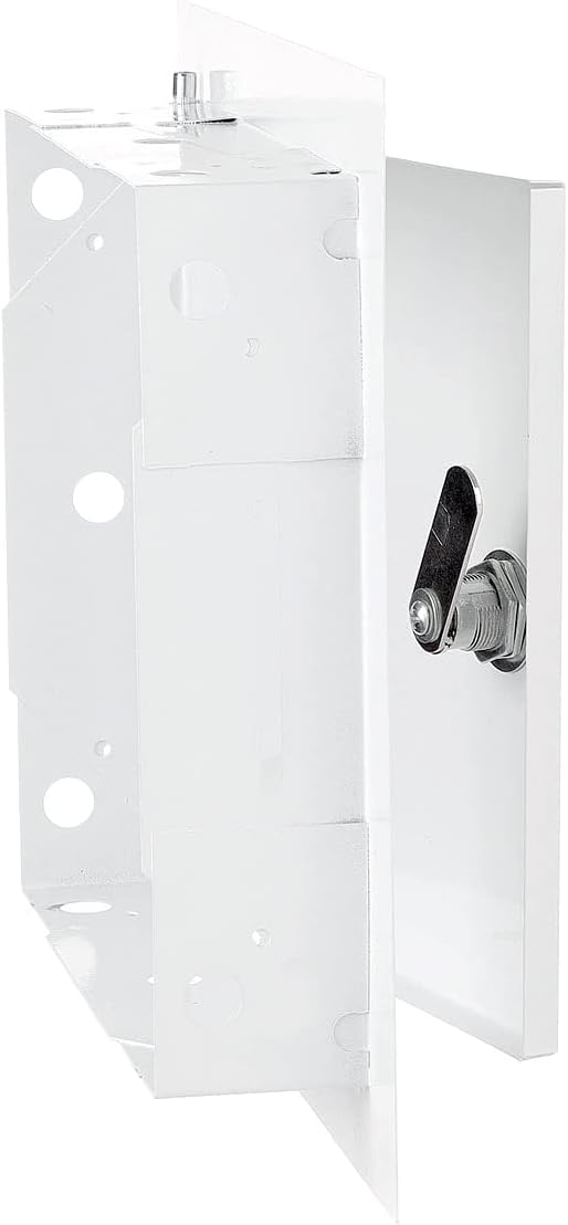 White access panel door with lock cylinder and mounting plate, angled view