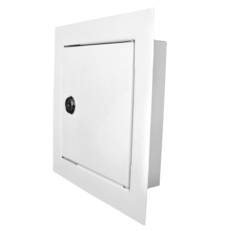 White access panel door with lock, side view, round key lock plate