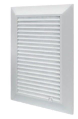 Square white Louvre vent with horizontal slats and small control icon at bottom