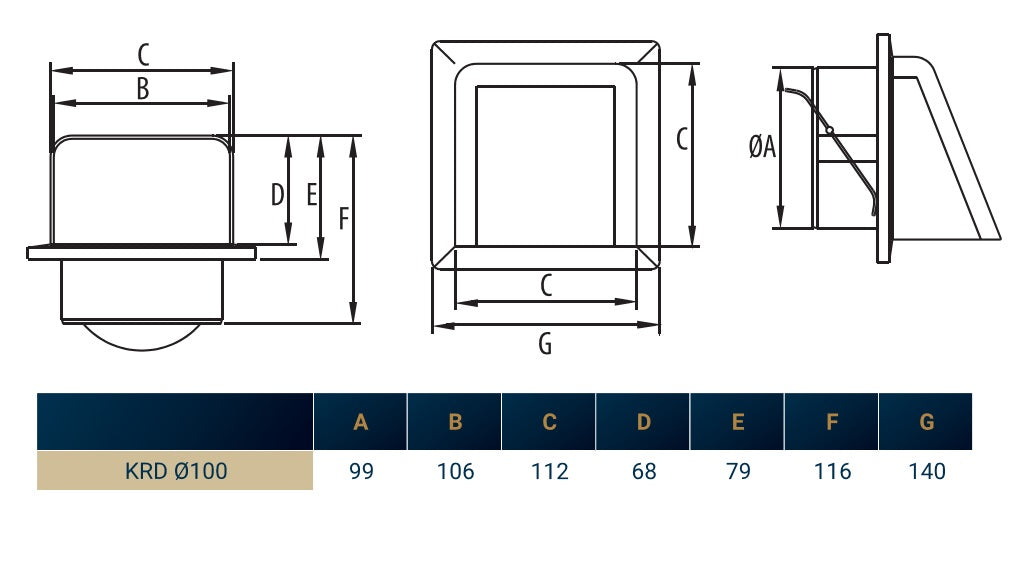 Technical drawing of graphite KRD Ø100 louvre vent with dimension table