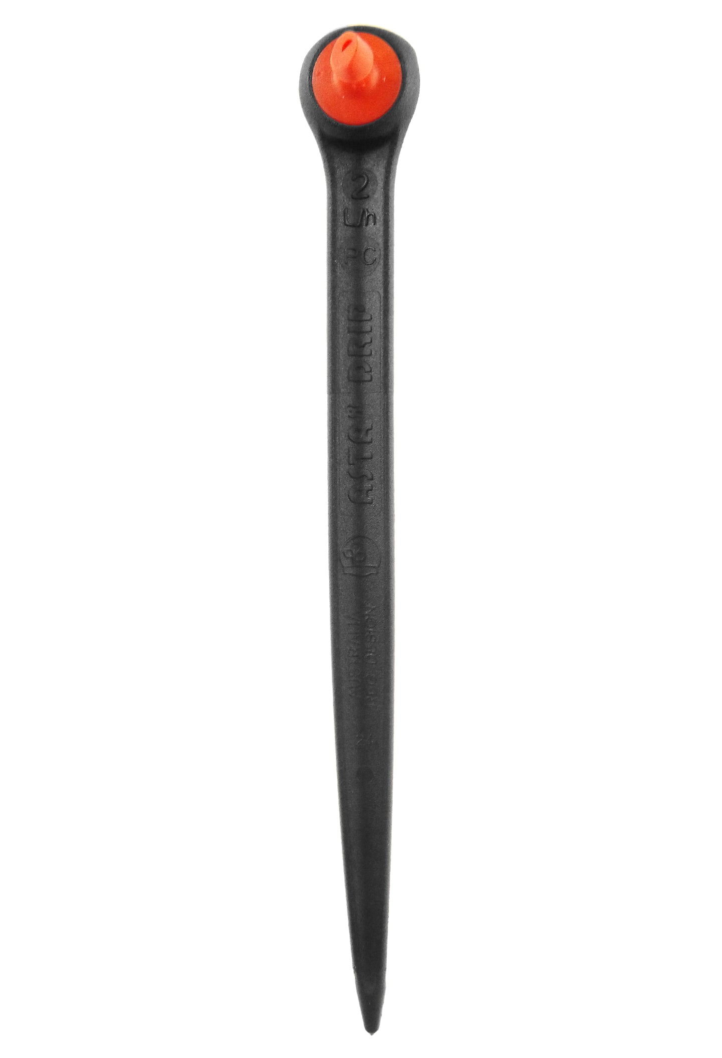 Black spike dripper with red cap, pointed insertion tip for tubing drip lines