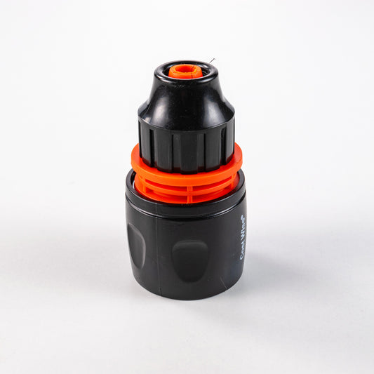 Female hose connector, 10 mm. Black plastic body with orange locking ring