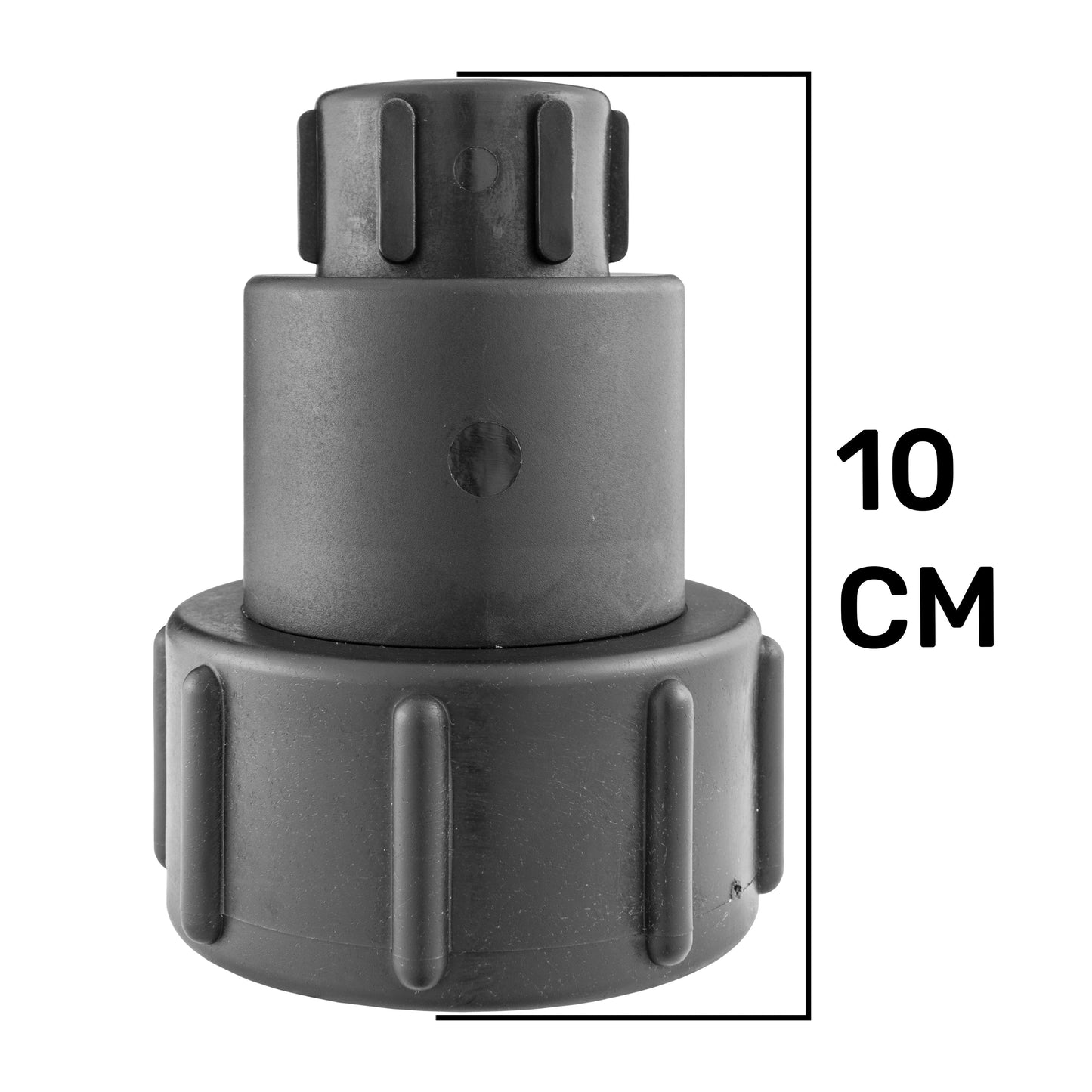 IBC extender adaptor end view with 3/4" BSPF thread and grip ridges, dark plastic