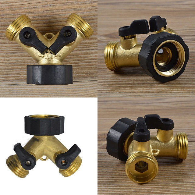 Brass double-tap connector with two valves and threaded outlet ports
