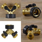 Brass double-tap connector with two valves and threaded outlet ports