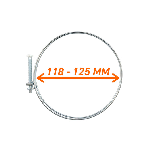Double wire hose clamp 118–125 mm, galvanised steel ring with band and screw