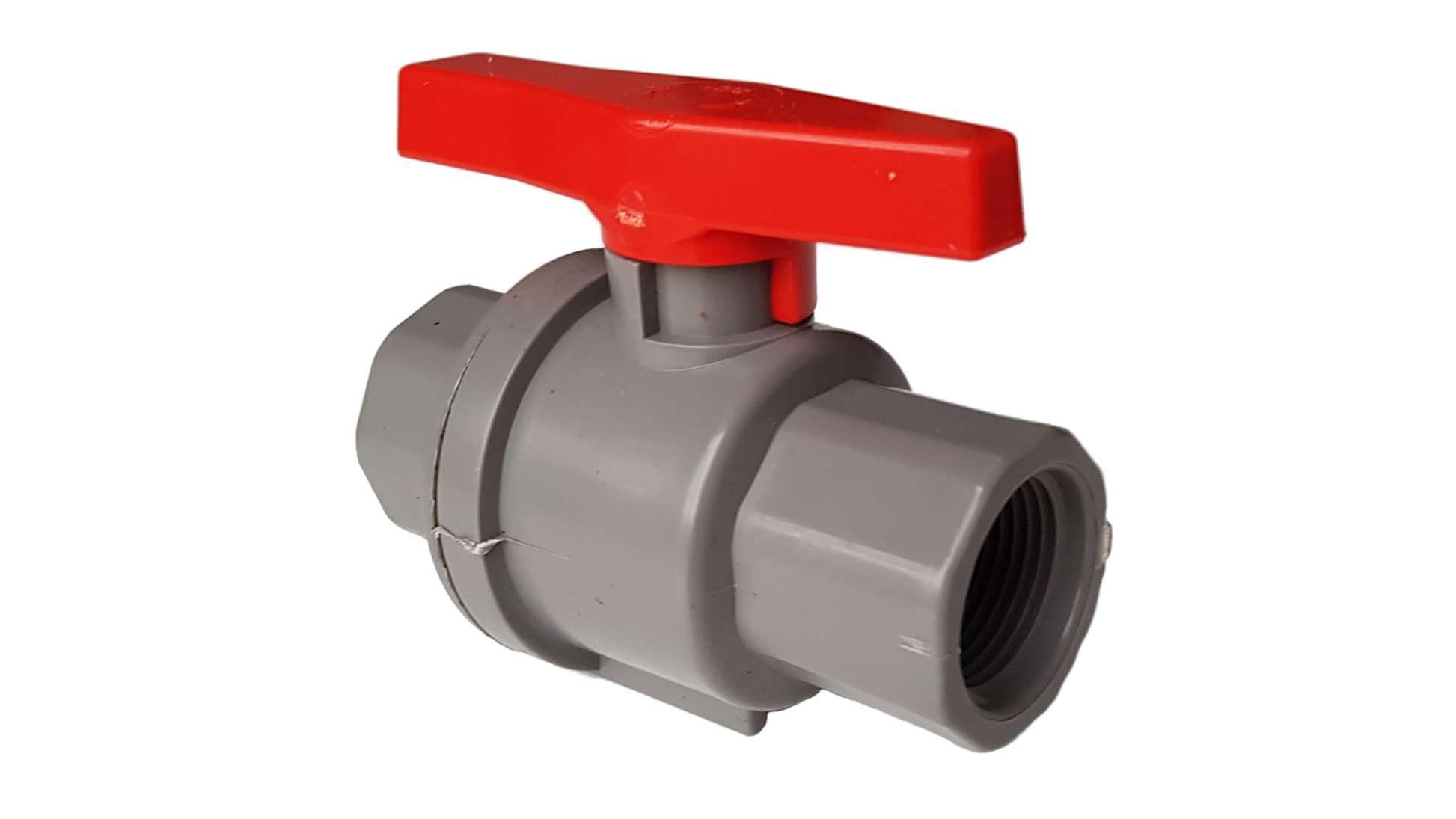 PVC 1.25" BSPF stopcock with red lever on grey threaded body