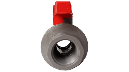 Grey PVC stopcock inlet showing internal thread and red top handle