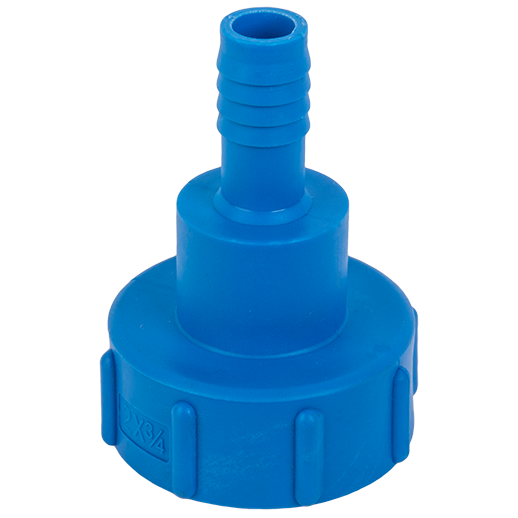 Blue IBC hose tail with 3/4" barbed outlet fitting, S60X6 thread