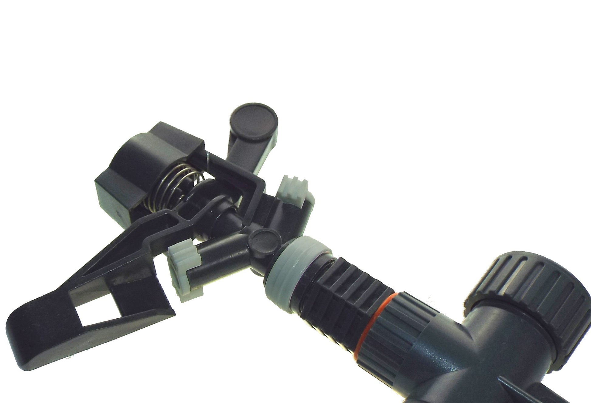 Sprinkler head assembly on spike with adjustable flow and pivoting arm