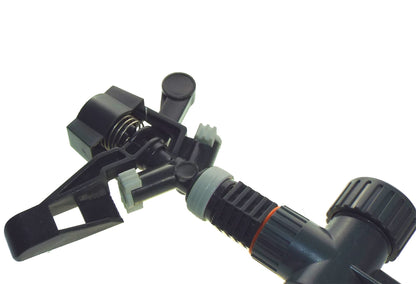 Sprinkler head assembly on spike with adjustable flow and pivoting arm