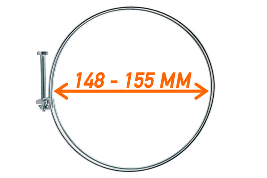 Double wire hose clamp, galvanised 148–155 mm with two-piece screw band
