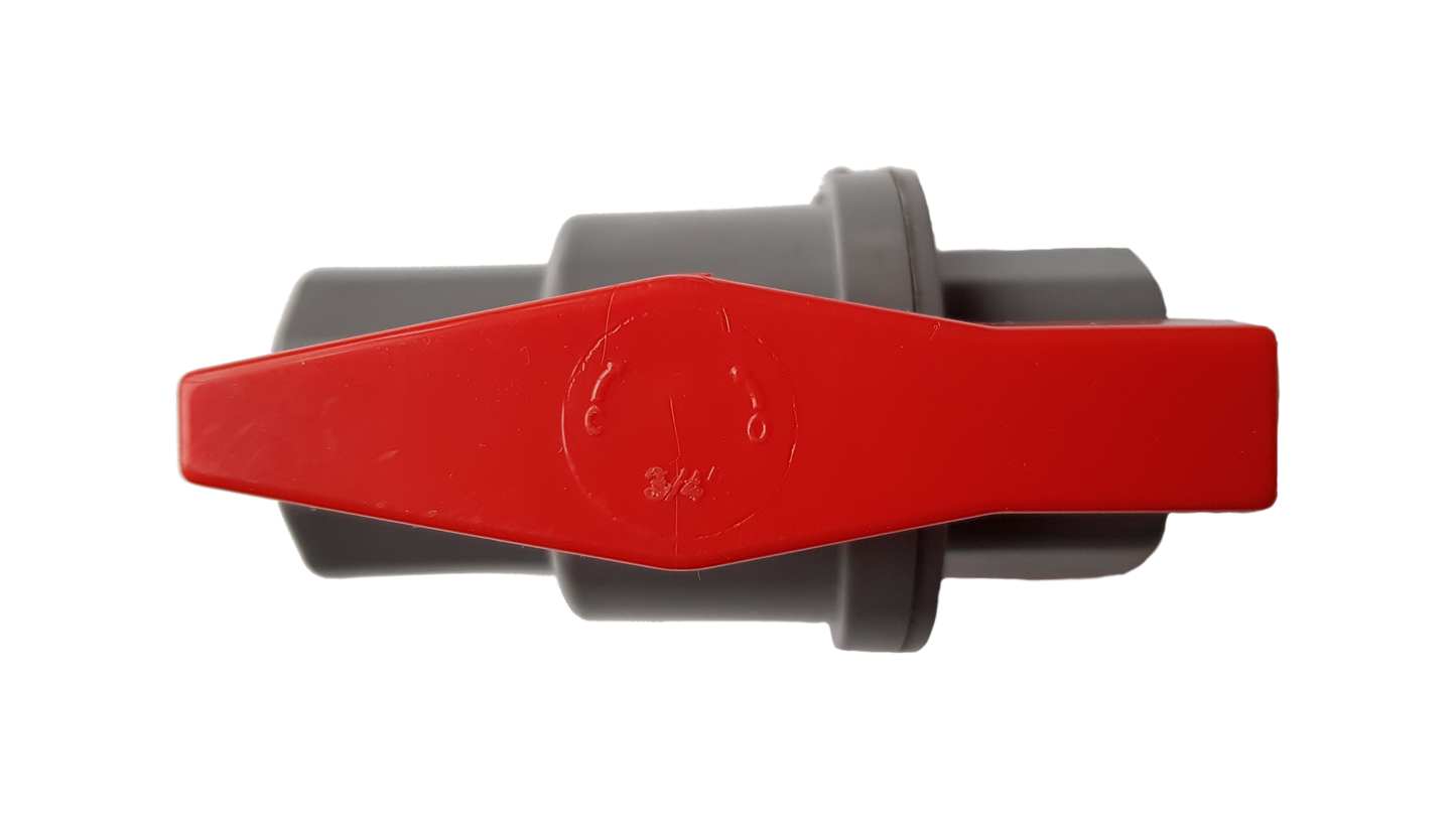 PVC 1" BSPF stopcock, red lever cap on grey valve body