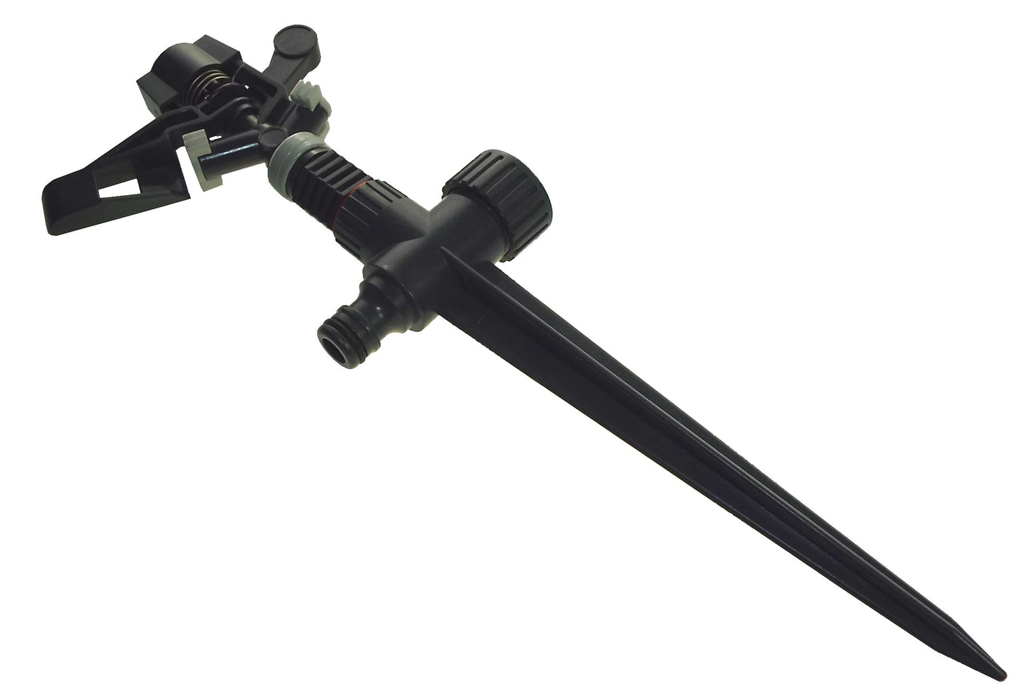 Black spike lawn sprinkler with adjustable rotating nozzle and thumb control