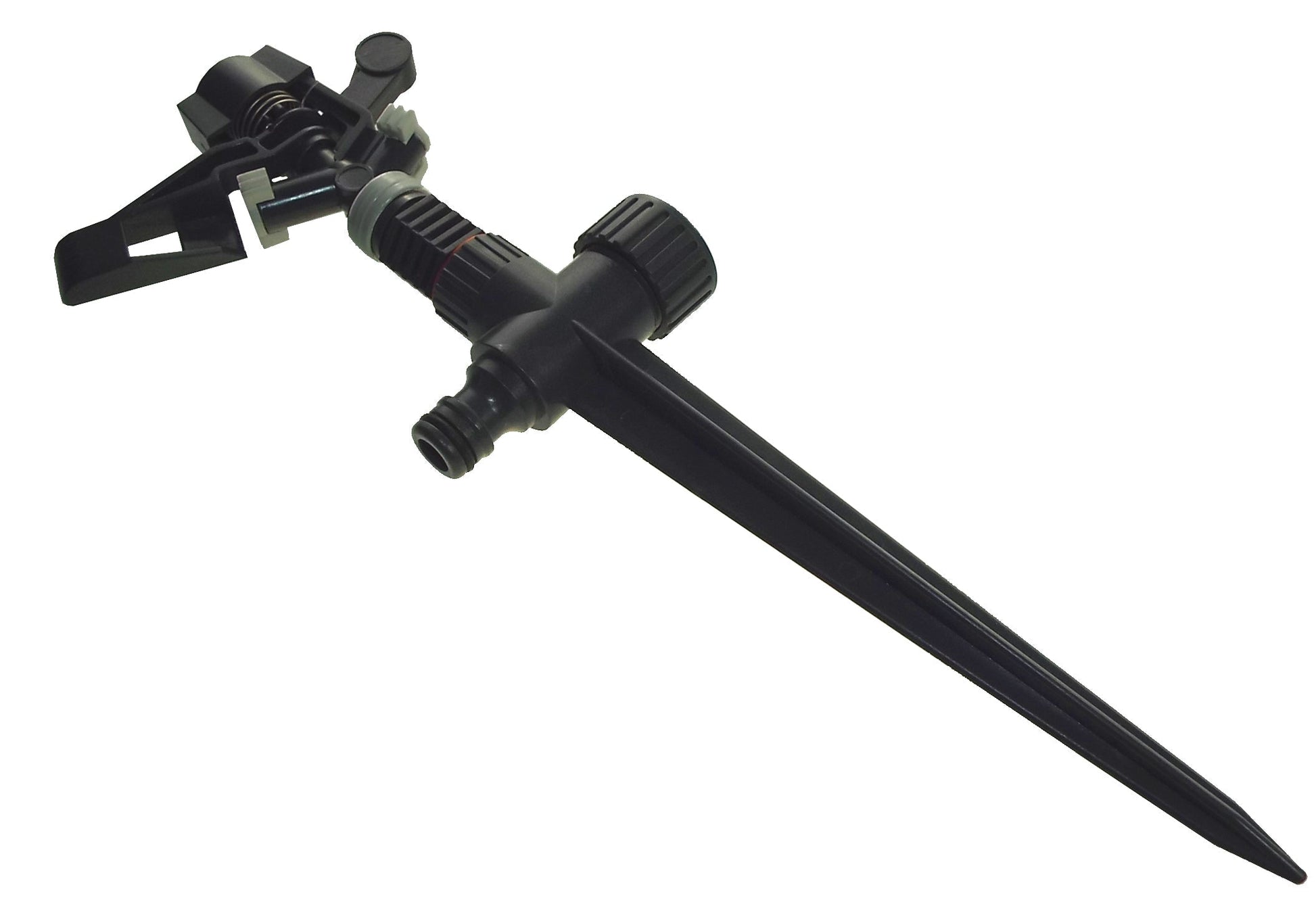Black spike lawn sprinkler with adjustable rotating nozzle and thumb control