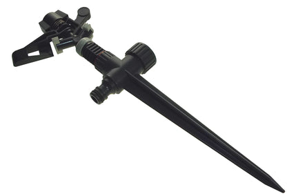 Black spike lawn sprinkler with adjustable rotating nozzle and thumb control